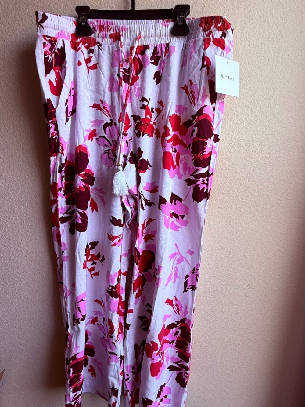 NWT Ellen Tracy Women's Linen Blend Wide Leg Floral Pants White Size Large